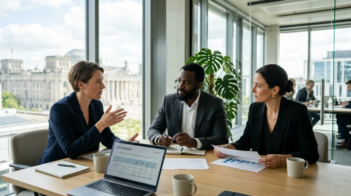 Professionelles Team-Meeting in einem modernen Berliner Büro – Dynamic Teachers.